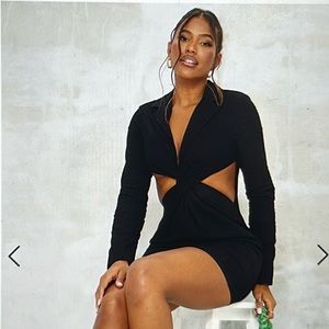 Black Textured Cut Out Twist Detail Blazer Dress